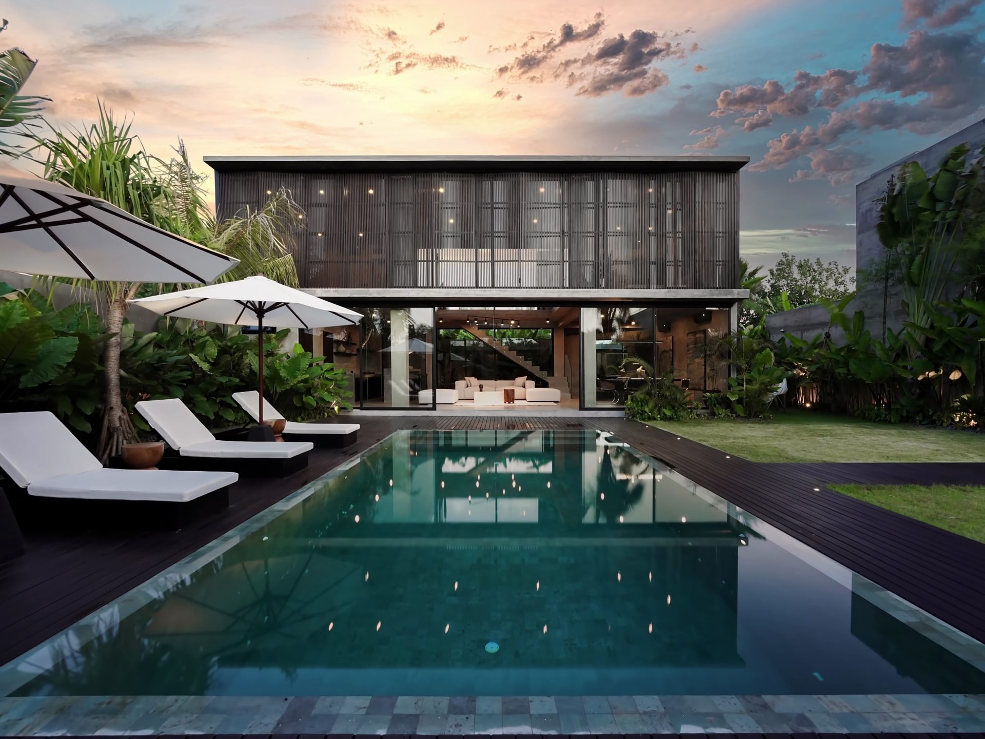 The villa at dusk