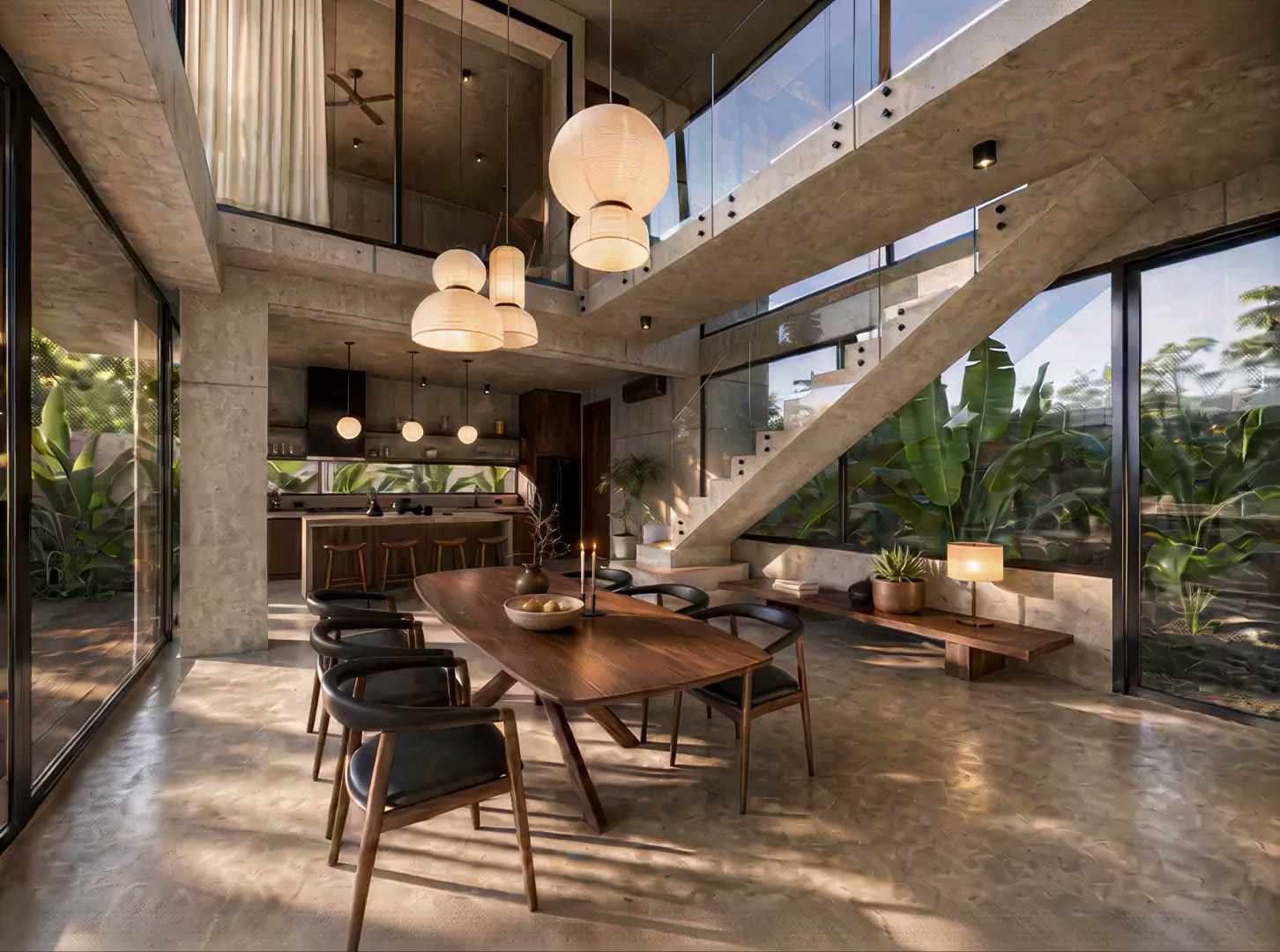 The dining table with the kitchen behind it (visualisation)