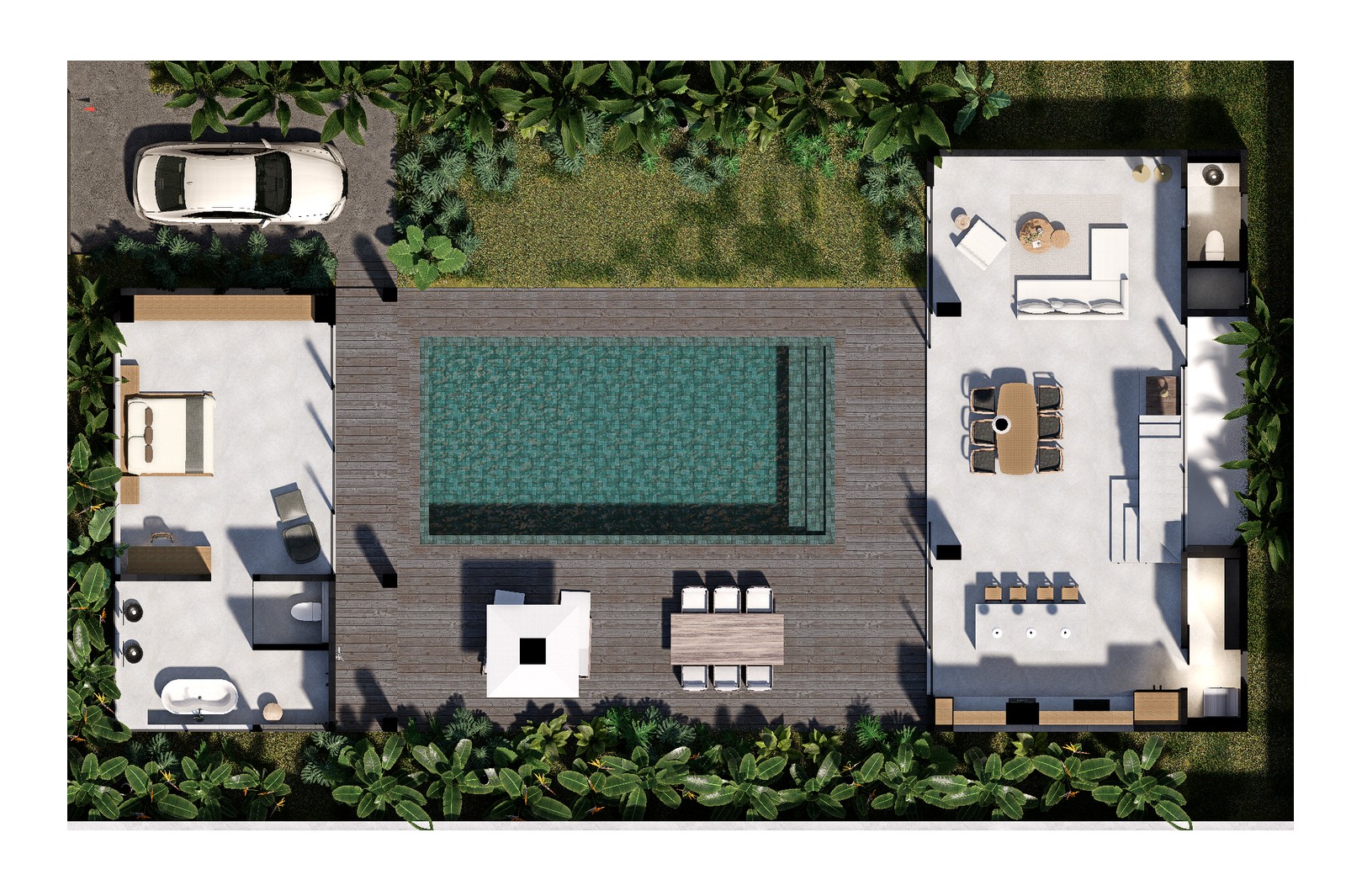The whole villa rendered from above, three bedroom layout: the bungalow suite, the pool and deck, the main house and the parking bay