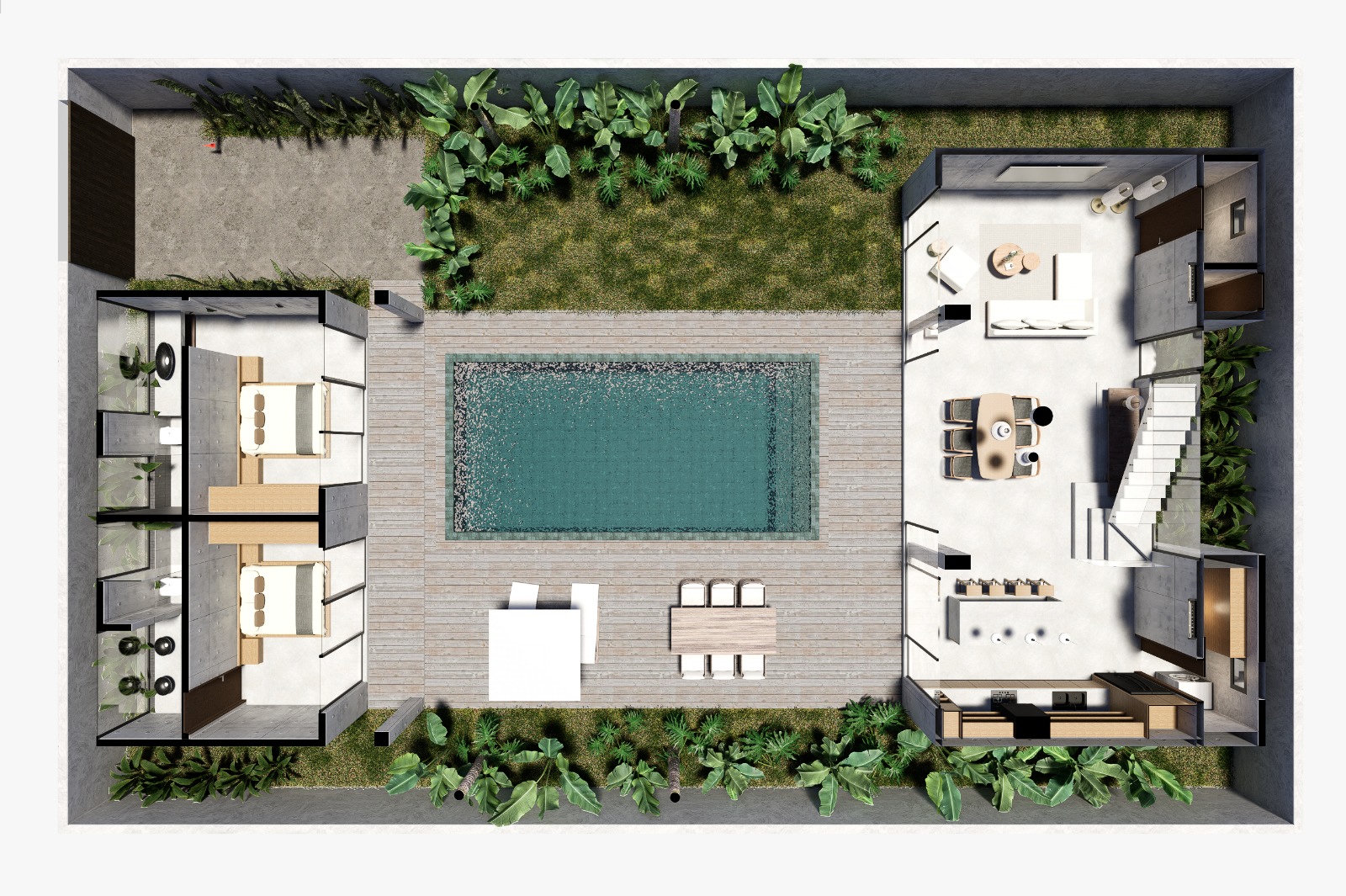 The whole villa rendered from above, four bedroom layout: the two bedroom garden bungalow, the pool and deck, and the main house