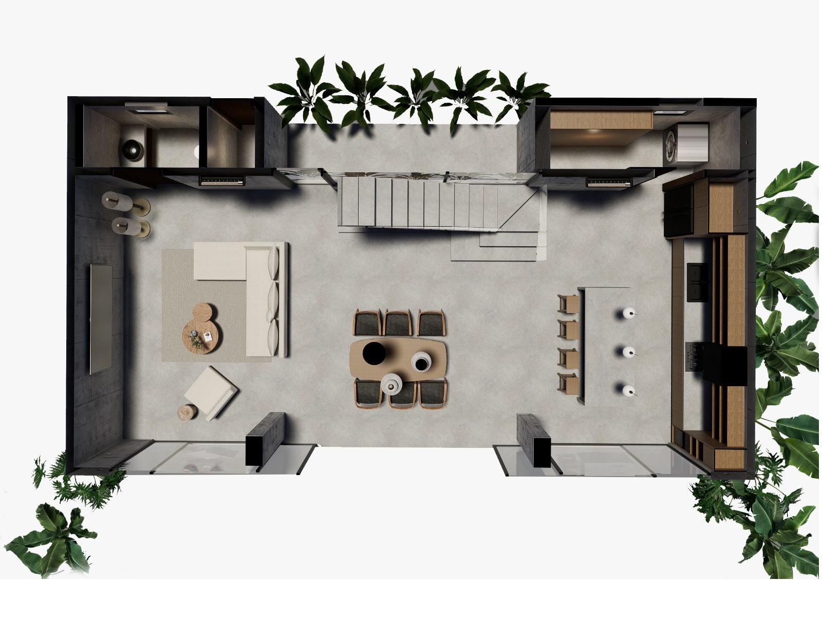 Ground floor, rendered from above: reception volume, central dining and the family kitchen with its island