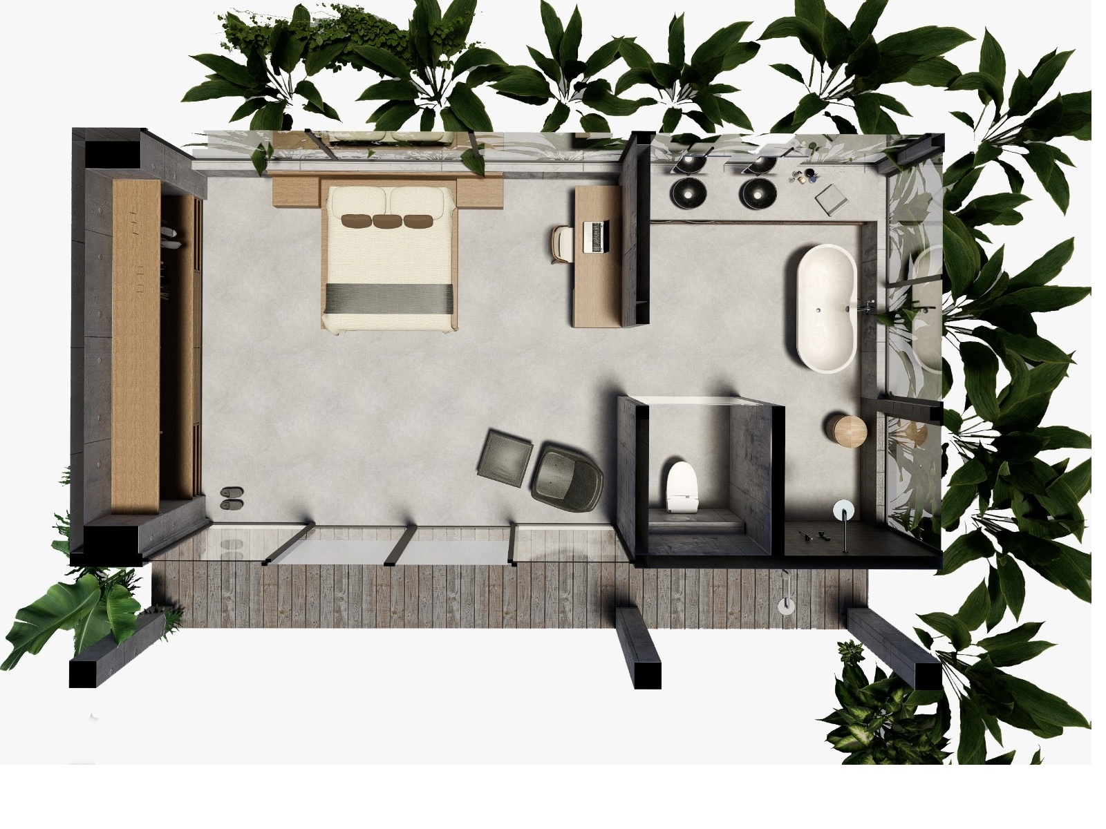 The bungalow suite, rendered from above: one bedroom with a full bathroom, twin vanities and a separate WC