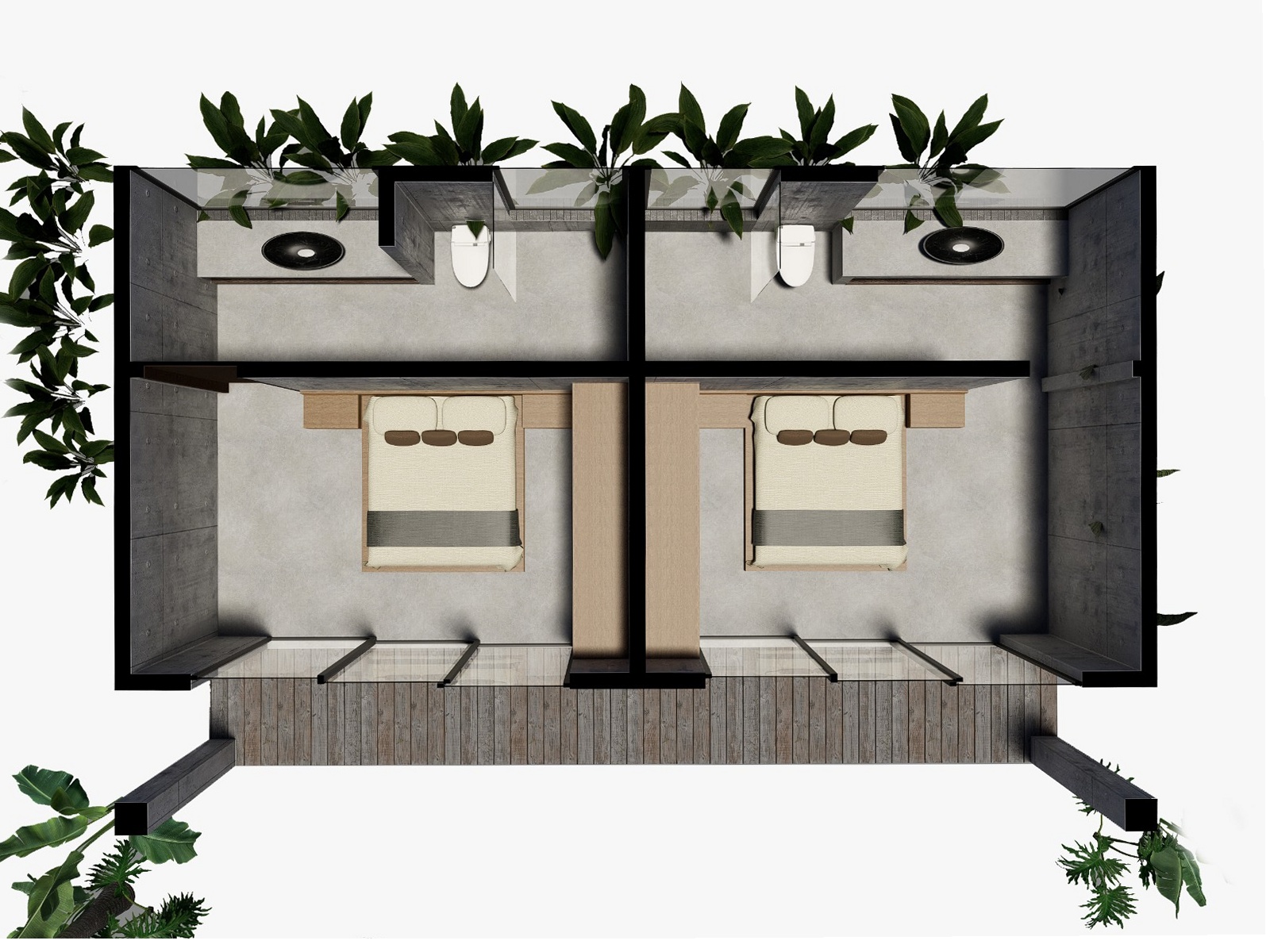 The two bedroom bungalow, rendered from above: two bedrooms, each with its own bathroom