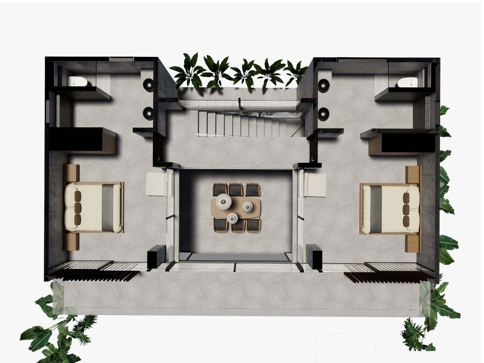 First floor, rendered from above: two en-suite bedrooms and the full-width balcony