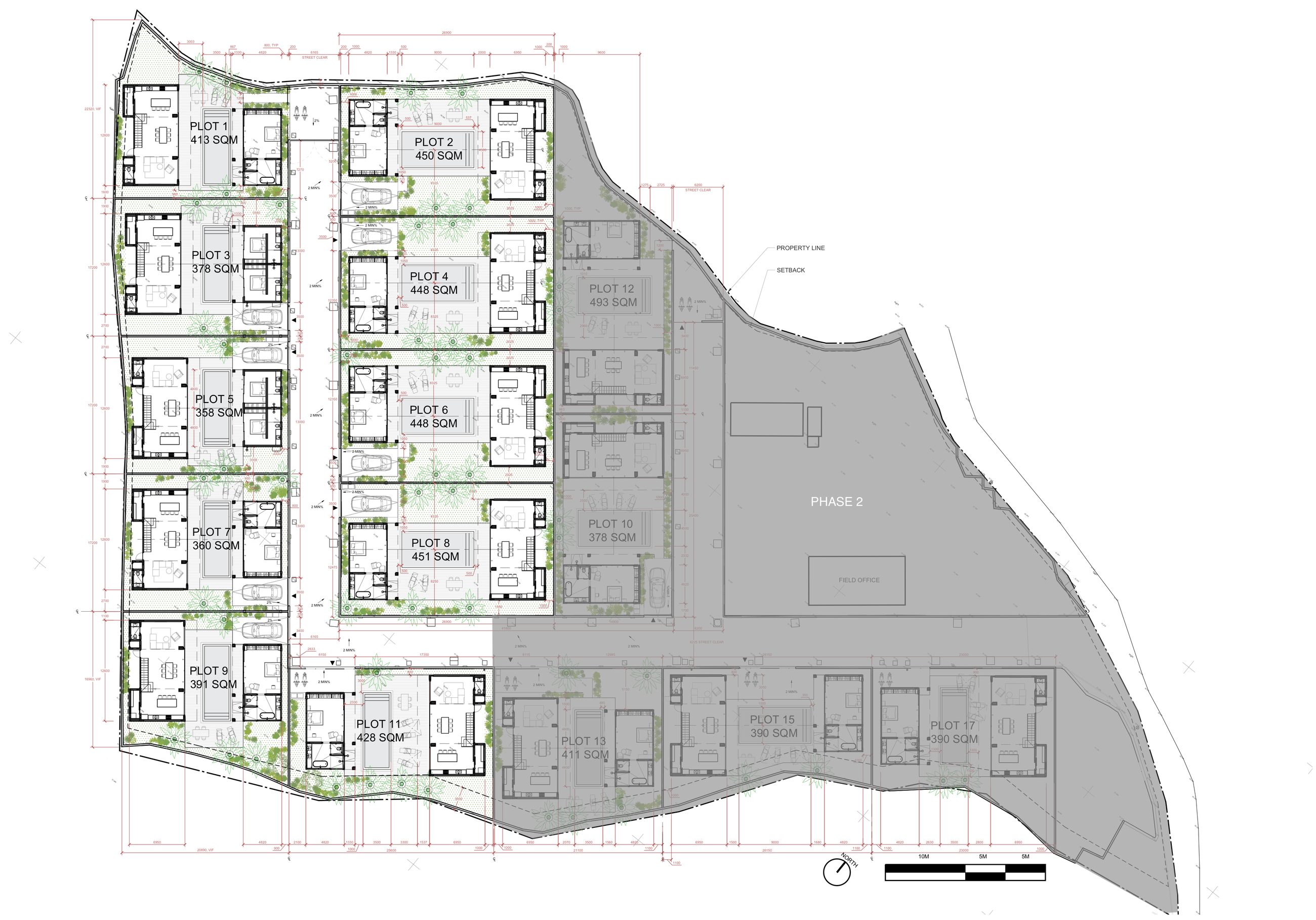 Core Villas A1.0 masterplan drawing: 17 villas at Seseh, Munggu — Phase 1 plots with surveyed sizes, Phase 2 dimmed