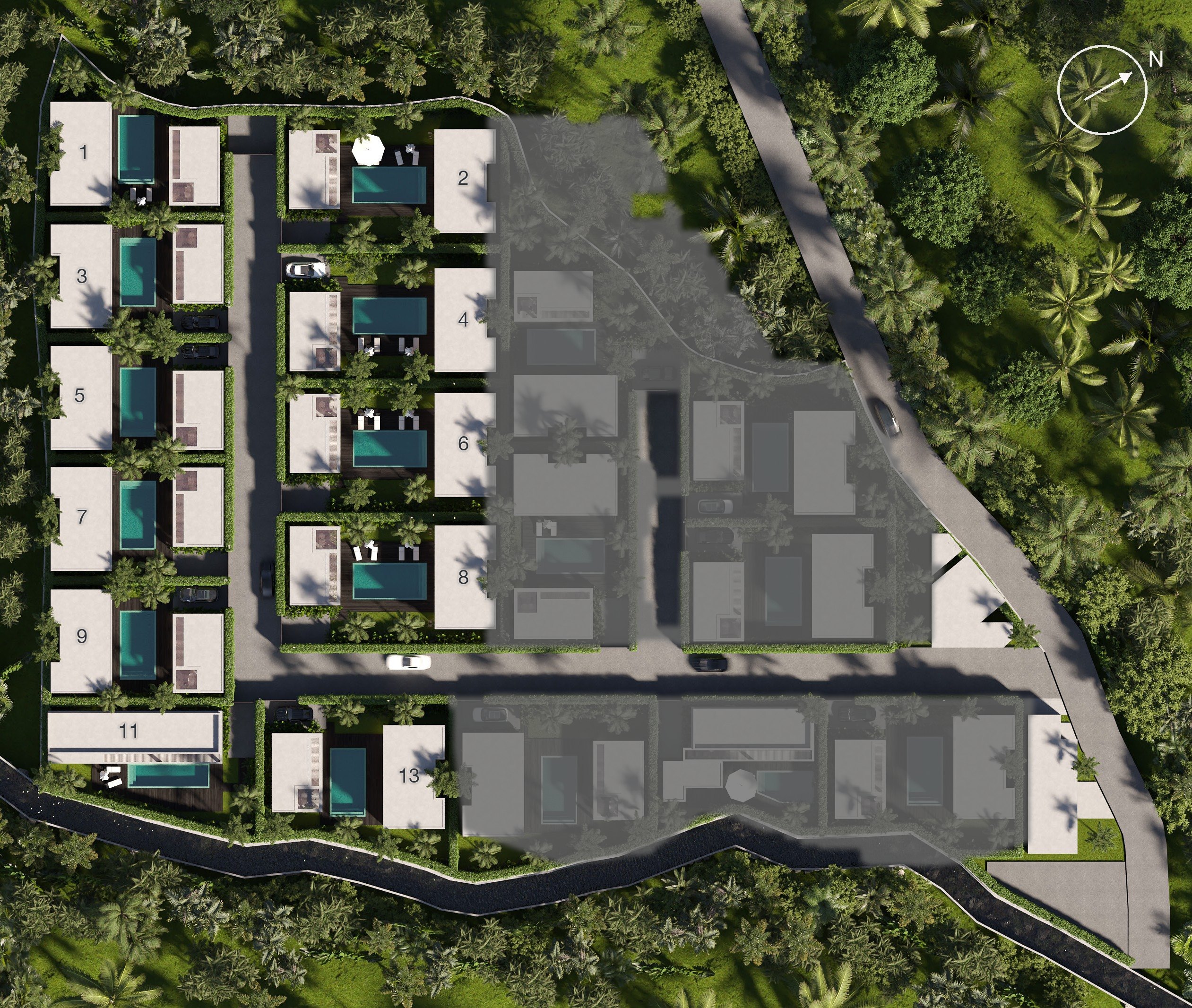 Core Villas masterplan aerial: 18 villas with private pools at Seseh, Munggu